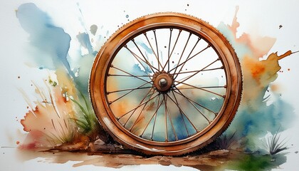 watercolor close up vintage bicycle wheel rust