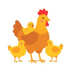 Adorable Hen and Chicks Illustration - A Heartwarming Family Scene.