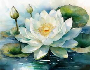 watercolor close up white lotus flower calm water