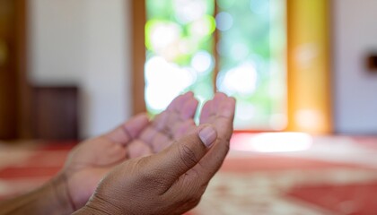 Close-up of Hands Praying with Warm Mosque Bokeh