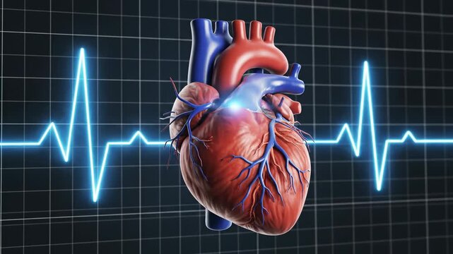 Human heart anatomy with electrocardiogram pulse line on medical monitor background