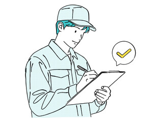 チェックリストを確認し記入する作業員の人物線画｜配送・検品・確認業務