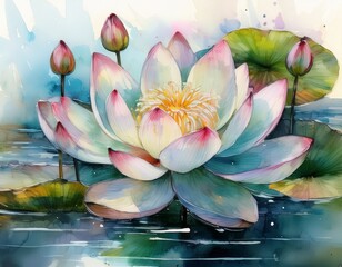 watercolor macro lotus flower on calm pond