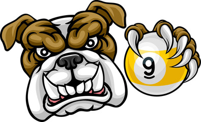 Fototapeta premium Bulldog nine ball pool sports mascot holding a 9 ball cartoon illustration
