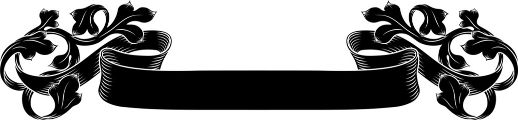 A scroll with filigree medieval crest coat of arms heraldic style pattern motif. In a vintage woodcut etching style.