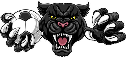 Fototapeta premium Black panther leopard or jaguar cat soccer football sports team mascot holding a ball
