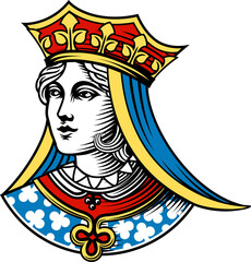 A queen woman wearing a medieval crown, mascot head or face. Original illustration in a vintage woodcut style.