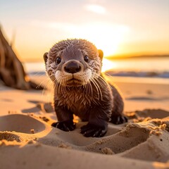 Adorable Otter Pup on Sandy Beach at Sunset - A Captivating Portrait.