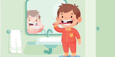 Child Brushing Teeth &ndash; Dental Hygiene Routine Illustration