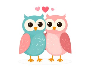 Adorable Owl Couple in Love with Hearts, Cute Bird Illustration.