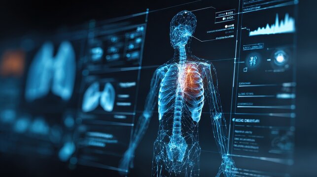 Medical technology concept illustration of human organ system analysis, interactive health dashboard, neon blue interface, diagnostic charts and symbols, modern healthcare innovation, copy space backg