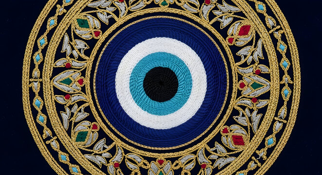 Intricate embroidered evil eye design for captivating cultural projects, adding a vibrant, mystical touch to your creative ideas and designs, truly stunning