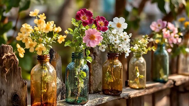 Glass bottles upcycled into planters hang on a wooden fence with blooming flowers and sunlight filtering through leaves in a garden scene.