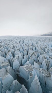 Vertical video: Moving drone camera scanning jagged glacier field to show scale, revealing seracs