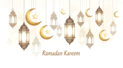 Ramadan kareem greeting card with lanterns and crescent moons © Saharia