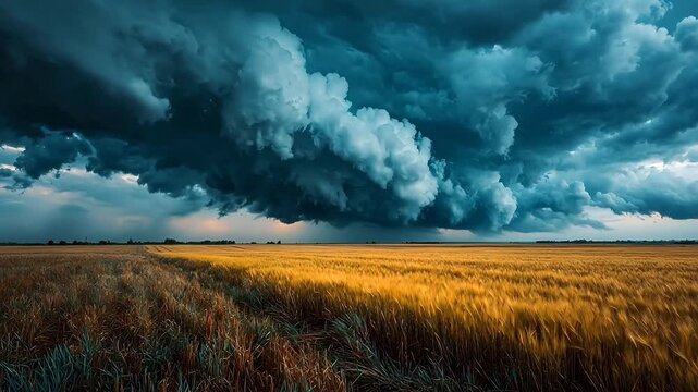 Dramatic weather photography captures a supercell thunderstorm rolling over a golden wheat field with dark ominous blue clouds above.