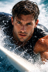 Fototapeta premium Determined young man surfing with strong focus and energy