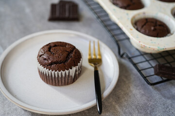 Homemade Chocolate Brownie Muffins, selective focus