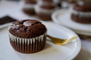 Homemade Chocolate Brownie Muffins, selective focus