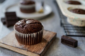 Homemade Chocolate Brownie Muffins, selective focus
