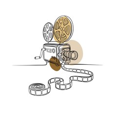Retro movie projector in a continuous line art style with abstract earth-tone shapes.