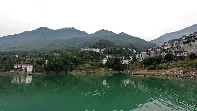 Scenic view of Wujiang River cruise ride at Chongqing, China. It allows tourists to enjoy the beauty of the mountains and rivers and explore the natural landscape