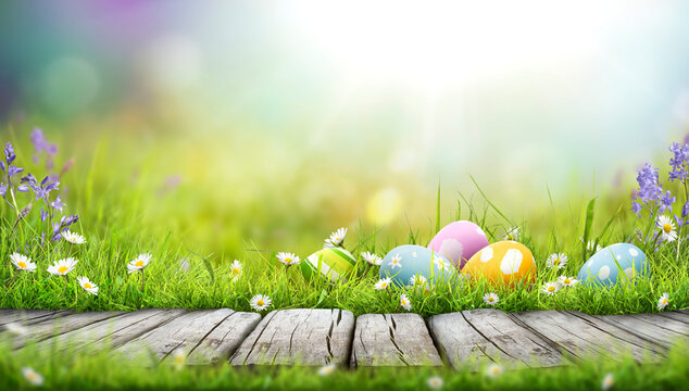 Five painted easter eggs celebrating a Happy Easter on a spring day with a green grass meadow, bright sunlight spring coloured background with copy space and a wooden bench to display products.