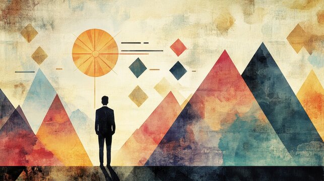 Watercolor abstract data journey with lone businessman facing geometric charts mountains and sun symbols muted earth tones textured paper conceptual finance growth vision