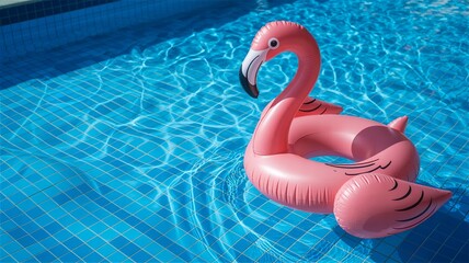 Pink Flamingo Pool Float on Right with Blue Water Copy Space