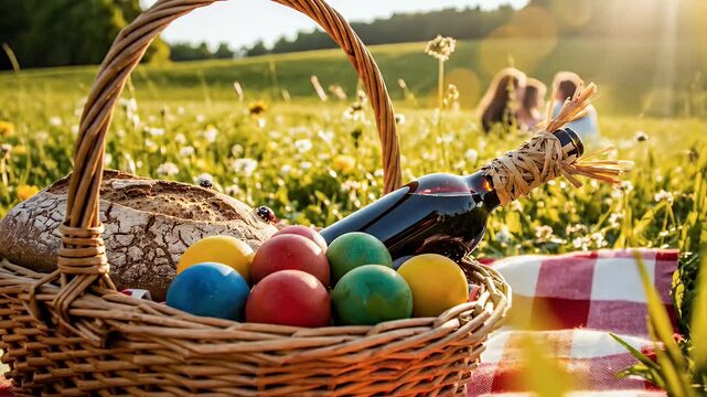 Pasquetta Festival Wicker Picnic Basket Green Meadow Traditional Food and Wine