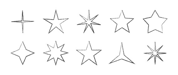 Obraz premium Hand drawn black and white star shapes with rough sketch lines. Minimal doodle stars with uneven outlines in a handmade drawing style. Simple star icons for stickers, collage design, patterns, kids