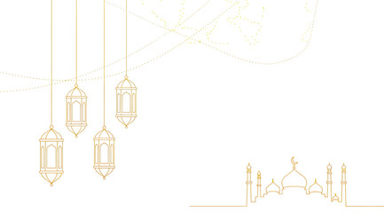 A golden line drawing of lanterns and buildings © Saharia