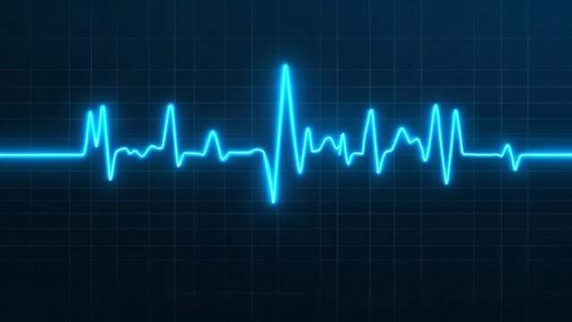 Glowing blue electrocardiogram heartbeat line on dark background with grid pattern