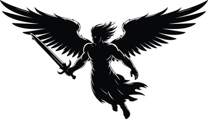 Obraz premium Angel warrior silhouette with sword and wings, dark fantasy guardian figure, mythical archangel illustration, black vector isolated on white background