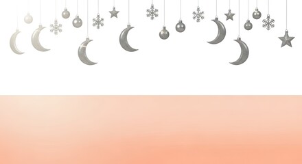 Silver christmas ornaments hanging from against white and peach background ramadan kareem islamic eid mubarak background download 2026 2027