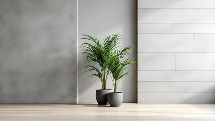 Fototapeta premium Two green potted palm trees on a light wood floor in a modern room with gray concrete walls and a minimalist interior design aesthetic