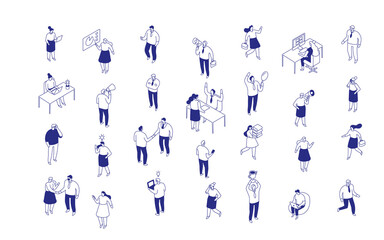 Fototapeta premium Isometric business people vector set with workers at desks, presentations, brainstorming, and teamwork. Modern flat line illustrations for workplace, startup, and office projects.