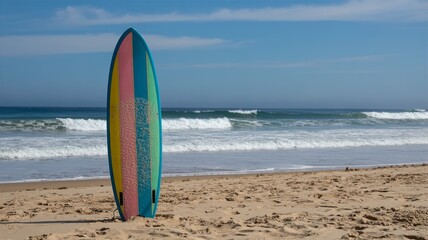 Colorful Surfboard in Sand on Left with Ocean Copy Space
