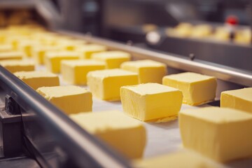 Fototapeta premium Butter Cubes on Industrial Conveyor