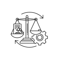 Balance scale with legal document and industrial gear icon