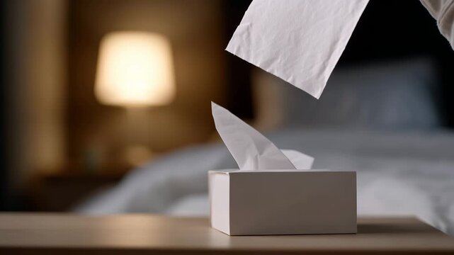 Hand pulling tissue from tissue box in cozy bedroom with soft warm lamp light and clean hygiene concept