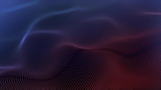 Particles wave Cyber or technology background. Abstract seamless loop of mesh glowing red dots digital luxurious sparkling wave particles flows background, Motion of digital data flow.