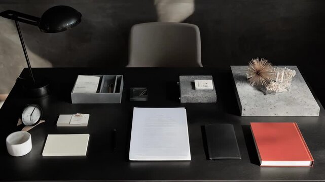 Contemporary workspace with a mixed material desk highlighting essential notary supplies and clean layout perfect for signing documents.