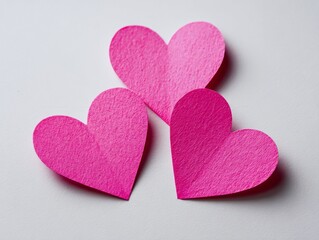 Fototapeta premium Pink paper hearts on a clean white background, symbolizing love, romance, and Valentine’s Day. Minimalist flat lay composition with copy space, perfect for greeting cards, wedding designs, romantic ma