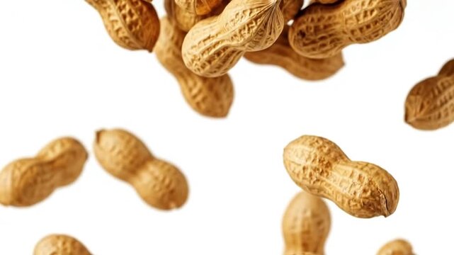 Scattered raw peanuts in shells falling and floating, on an isolated white background, perfect for food and snack concepts.