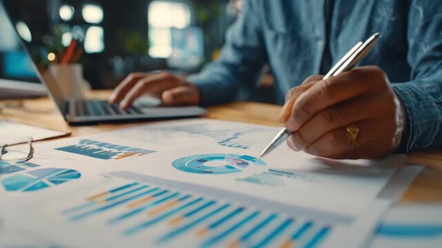 Medium shot of a finance specialist crosschecking various financial reports showcasing methodical preparation and comprehensive data compilation for informed decisions.