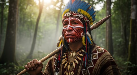 Cultural Event, Indigenous Warrior, Amazon Rainforest, Photography, Misty Environment, Close-Up View, Tradition and Heritage