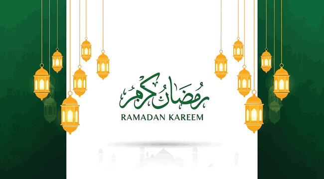 Ramadan kareem greeting with golden lanterns and arabic calligraphy