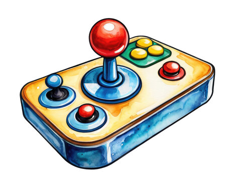 A bright and colorful representation of a video game controller, suitable for use in illustrations, presentations, or as a design element watercolor painting