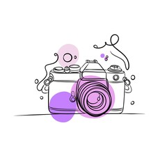 Retro photo camera in continuous line art style with abstract purple and pink shapes.